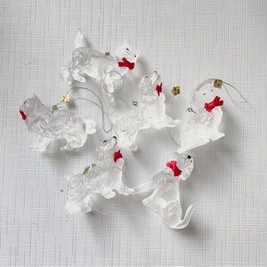 Vintage SILVESTRI Frosted Acrylic DOG CAT Christmas Ornament 6 Opaque Red Bow